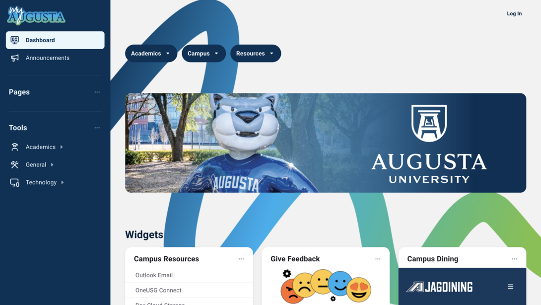 Augusta University student/staff resource portal with mascot and navigation menu.