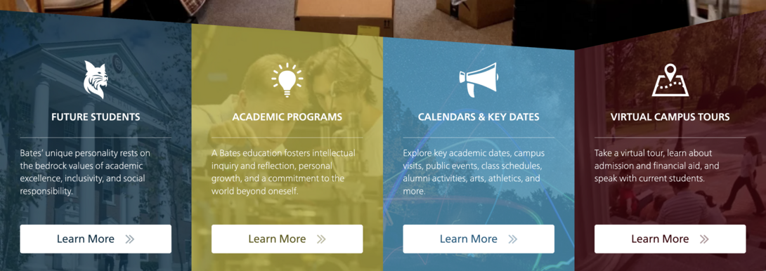 Four colorful panels with icons and text sections for various programs at Bates College.