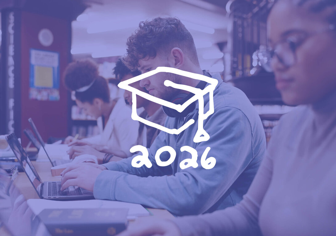 Students studying at laptops with a graduation cap icon and "2026" overlay.