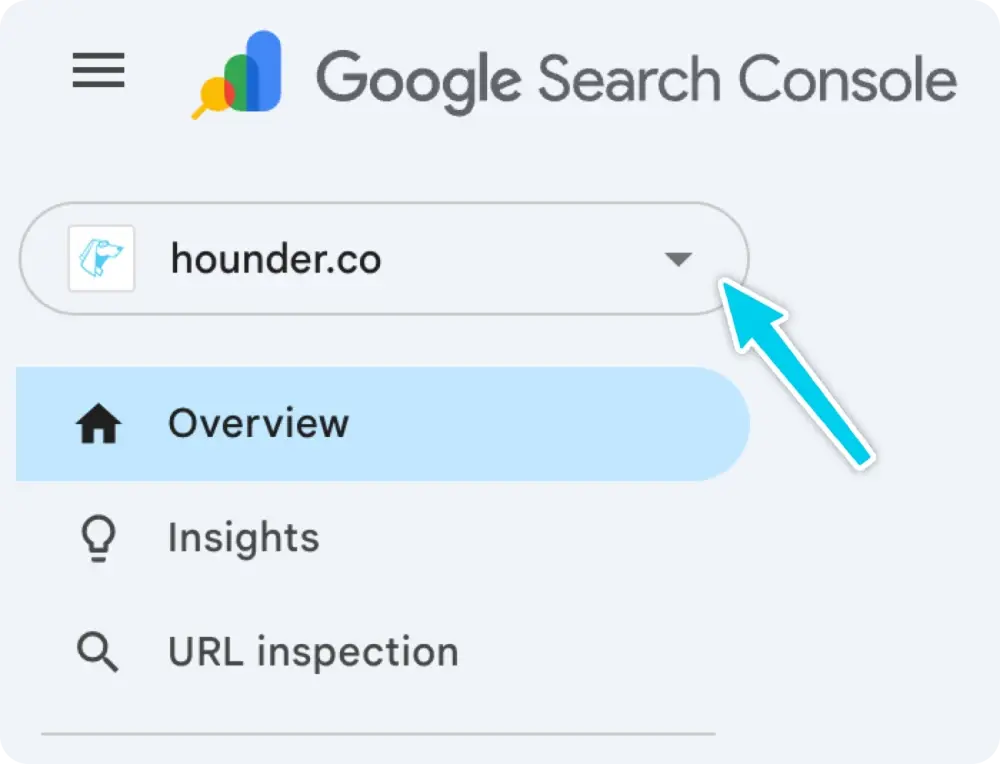 Google Search Console dashboard with dropdown and navigation menu.
