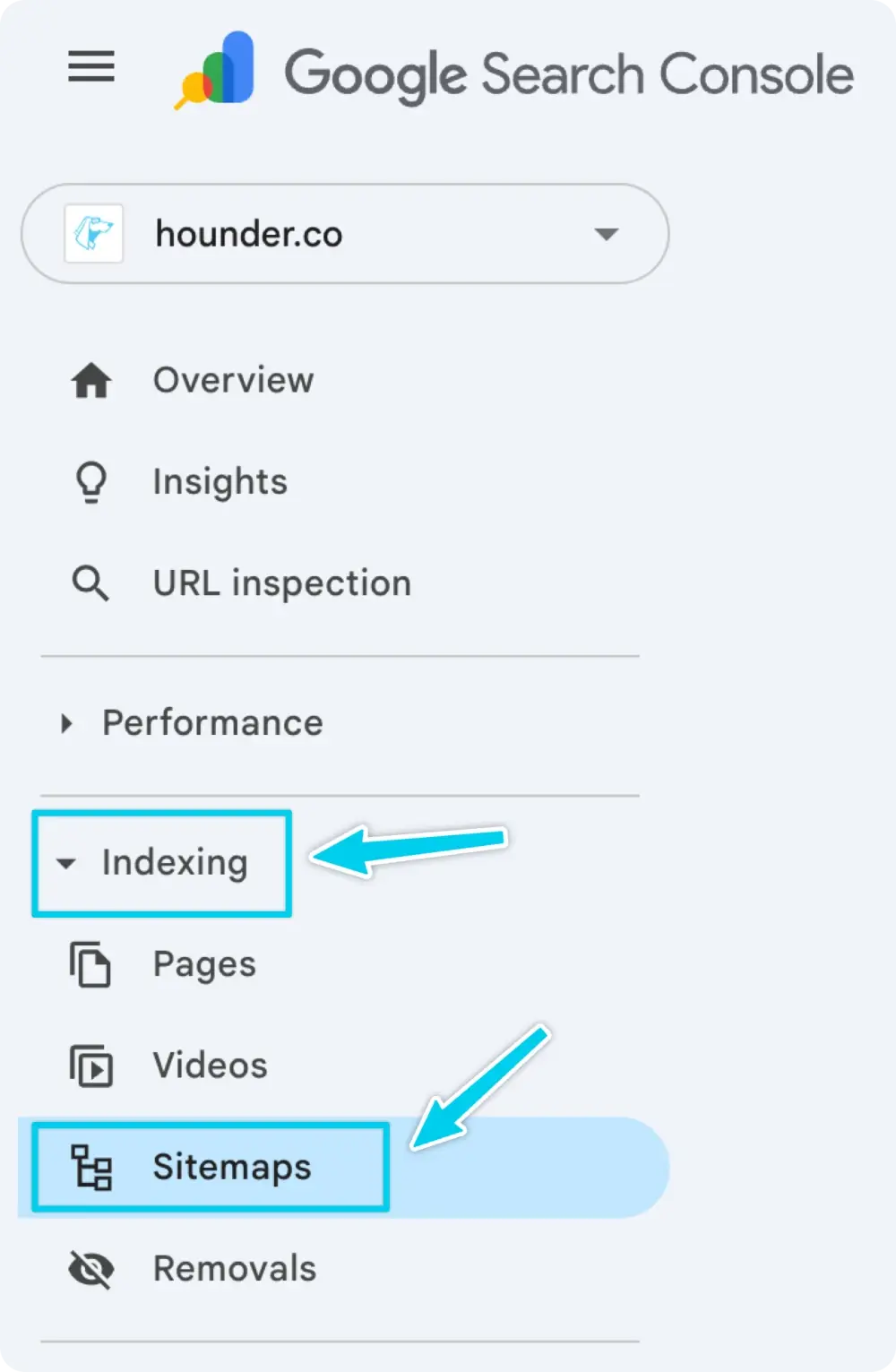 Google Search Console interface highlighting "Sitemaps" under "Indexing".