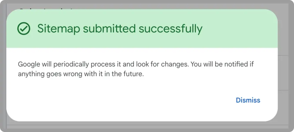 Sitemap submission confirmation on a web page.