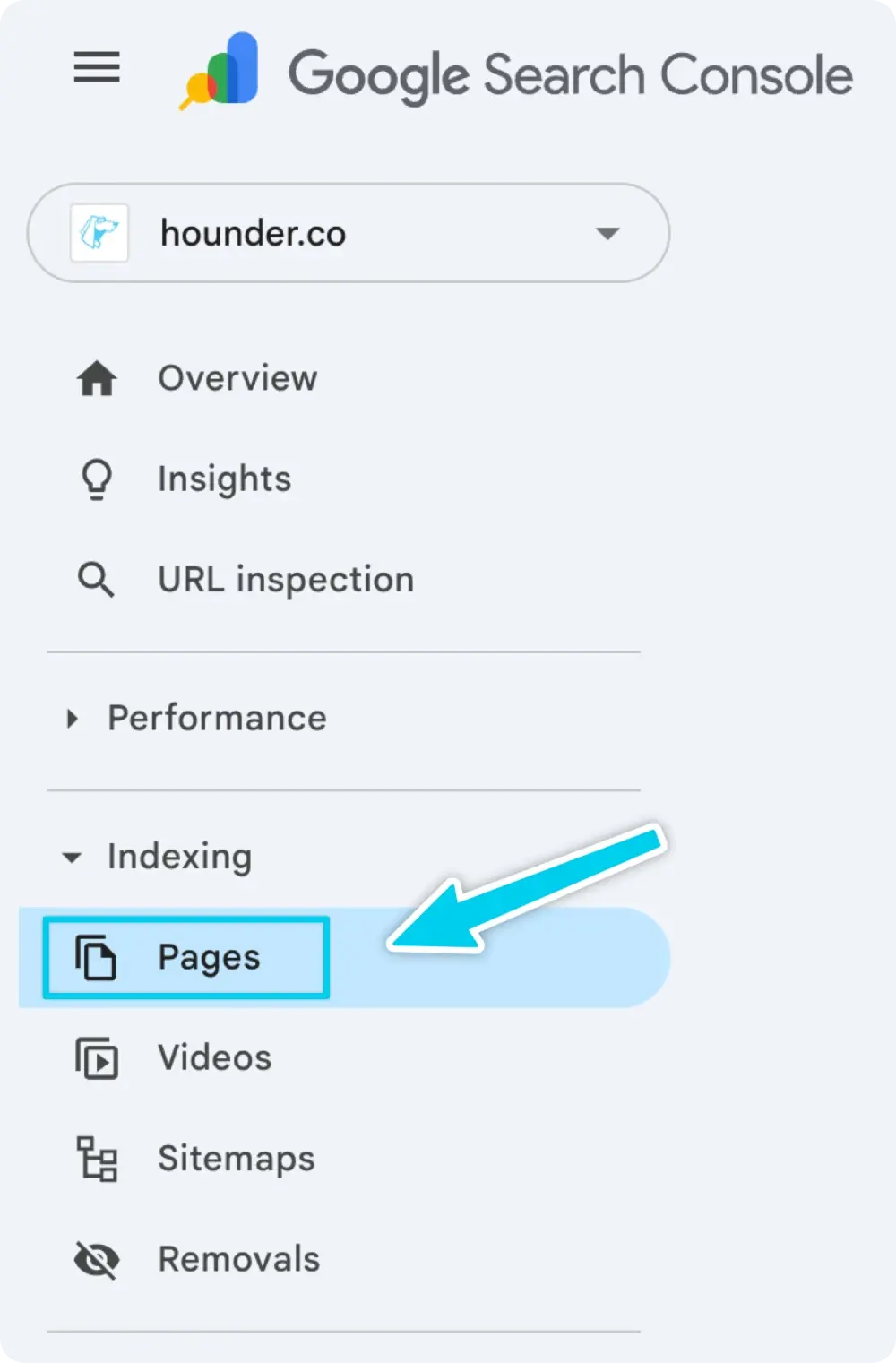 Google Search Console sidebar with Pages highlighted.