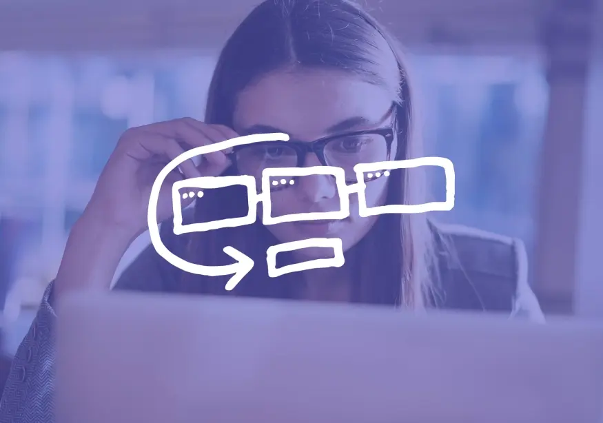 Woman in glasses concentrated on computer screen with digital flowchart overlay.