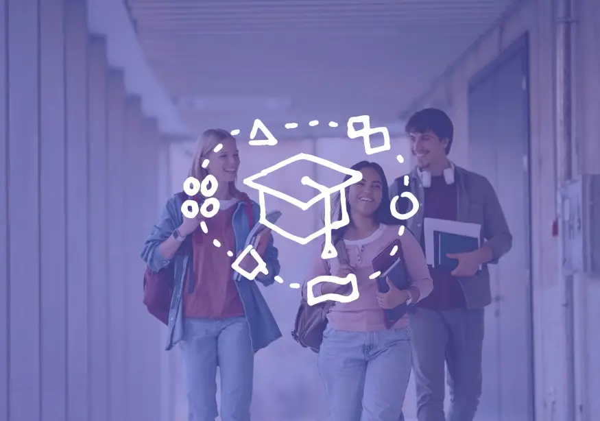 Young students walking in a hallway, overlaid with a graduation cap graphic.