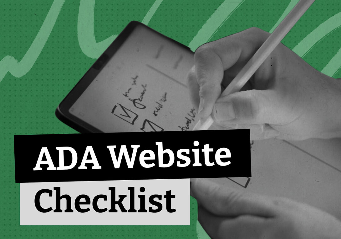 Hands writing on a digital tablet, text reads "ADA Website Checklist."