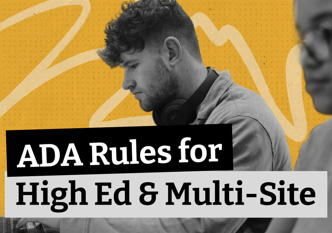 Man working at a computer, with text overlay about ADA rules.