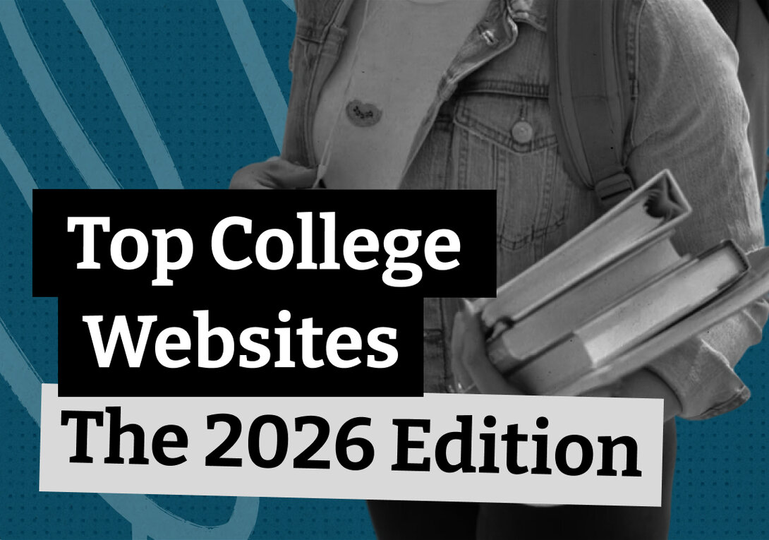 A person holding books, text reads "Top College Websites, The 2026 Edition."