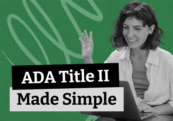 Smiling woman gestures while looking at a laptop, green background.