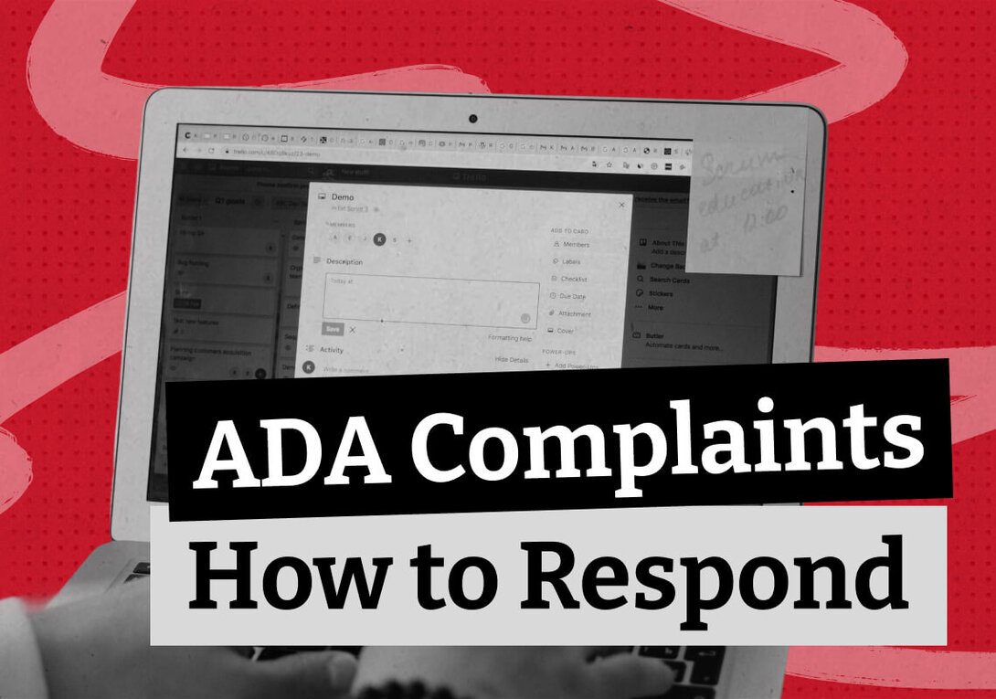 Laptop displaying a form, with red background and text saying "ADA Complaints How to Respond".