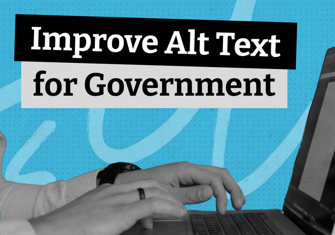 Hands typing on a laptop against a blue background with text overlays.