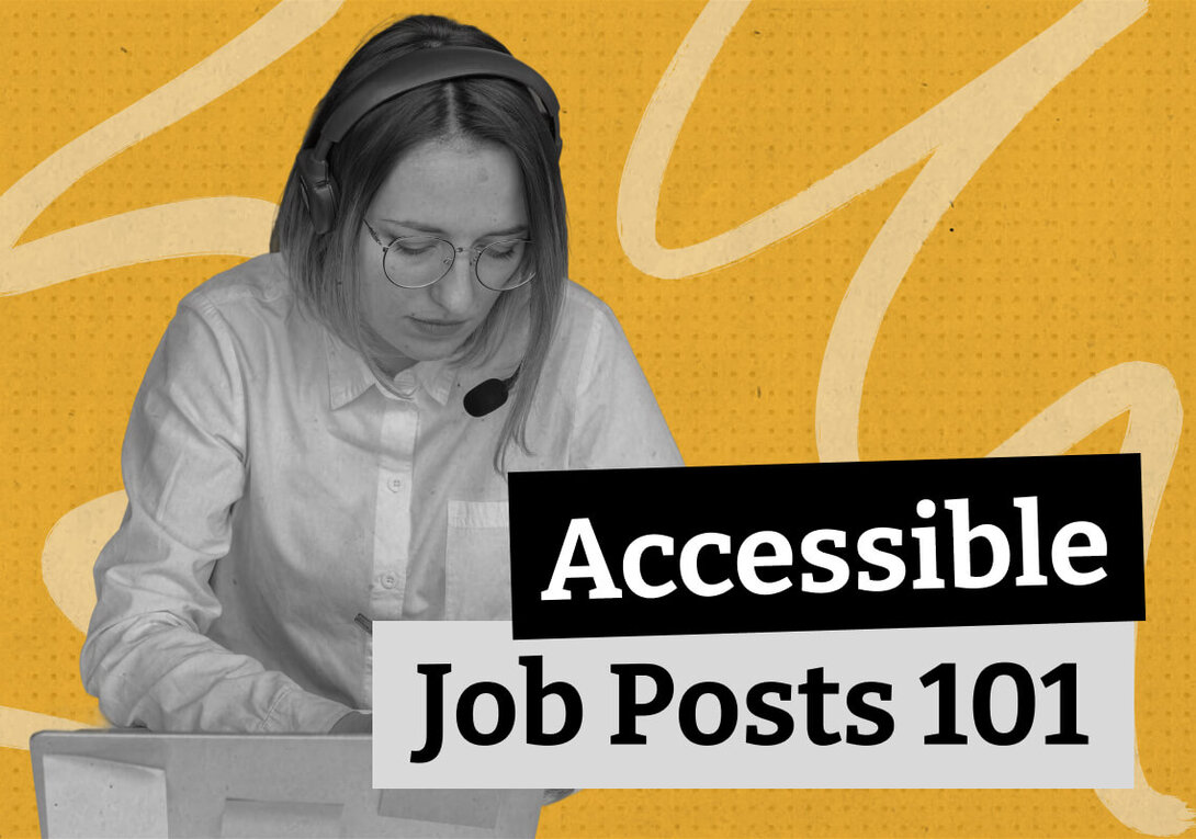 Woman wearing headset and glasses, yellow background, text overlay.