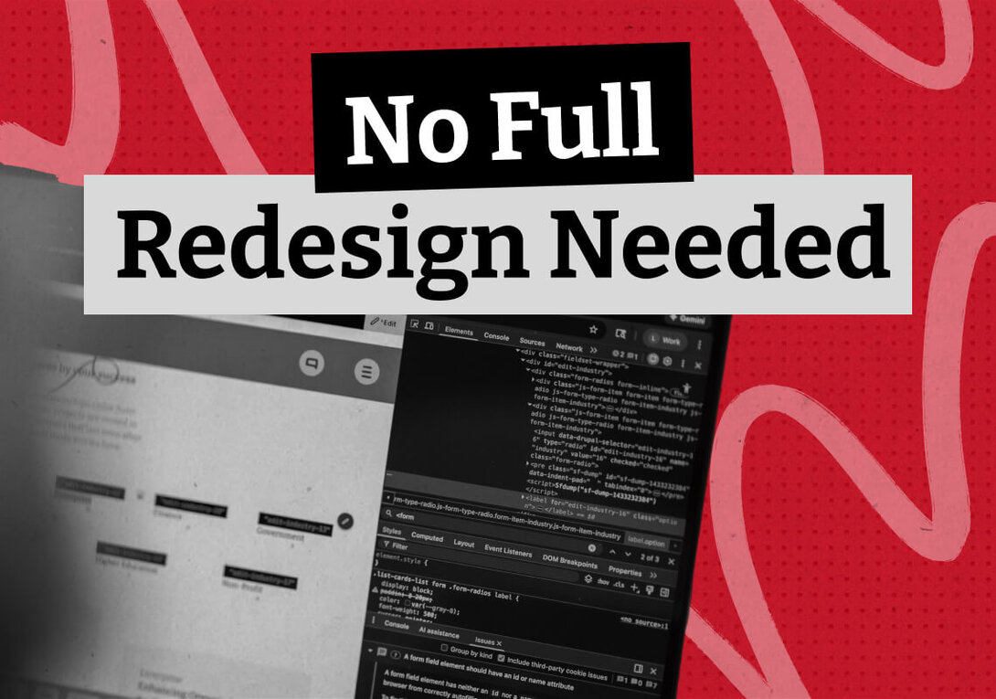 Screens with design mock-ups and code on red abstract background.
