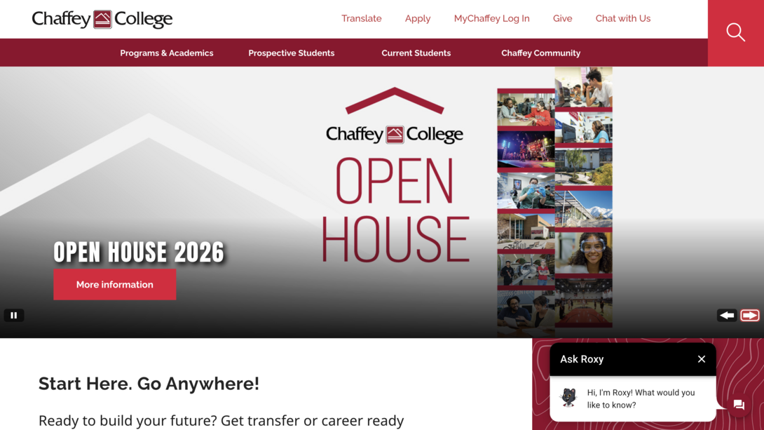 Chaffey College website banner featuring Open House 2026 event.