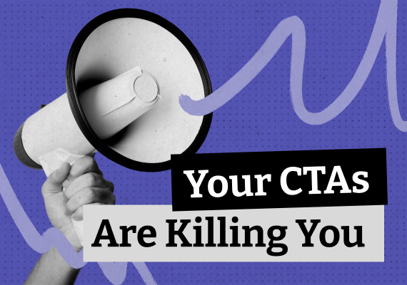 Hand holding megaphone with bold text and wavy line on purple background.