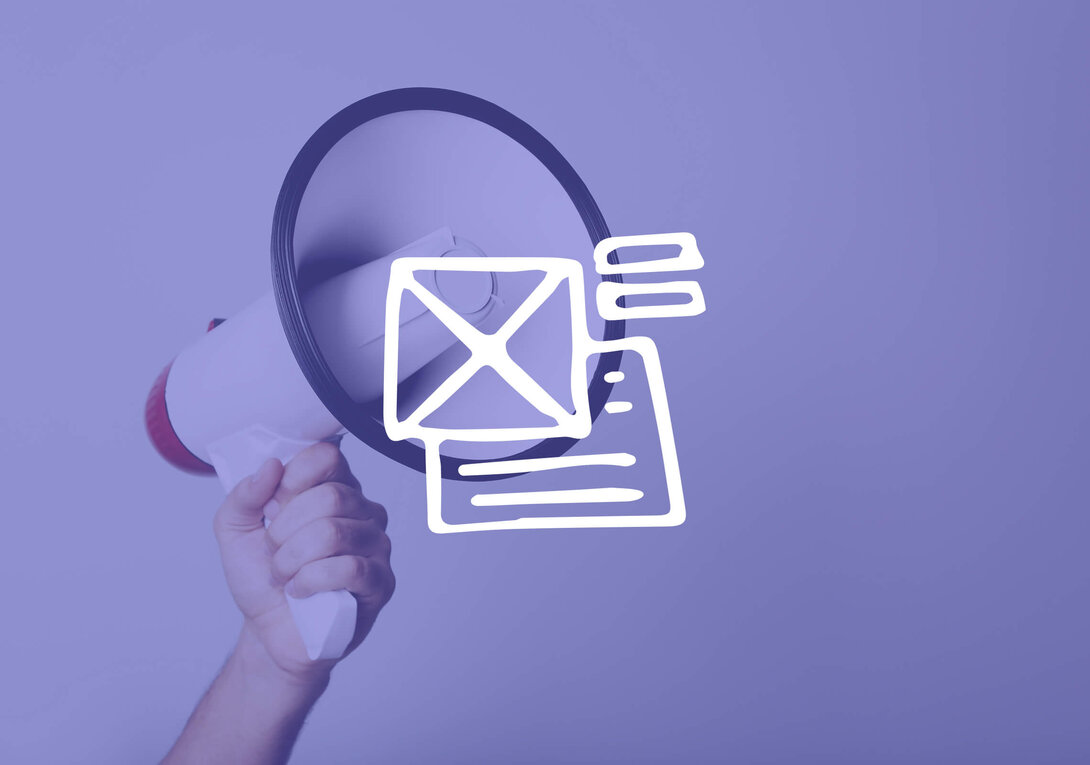 Hand holding a megaphone with mail icons, purple background.