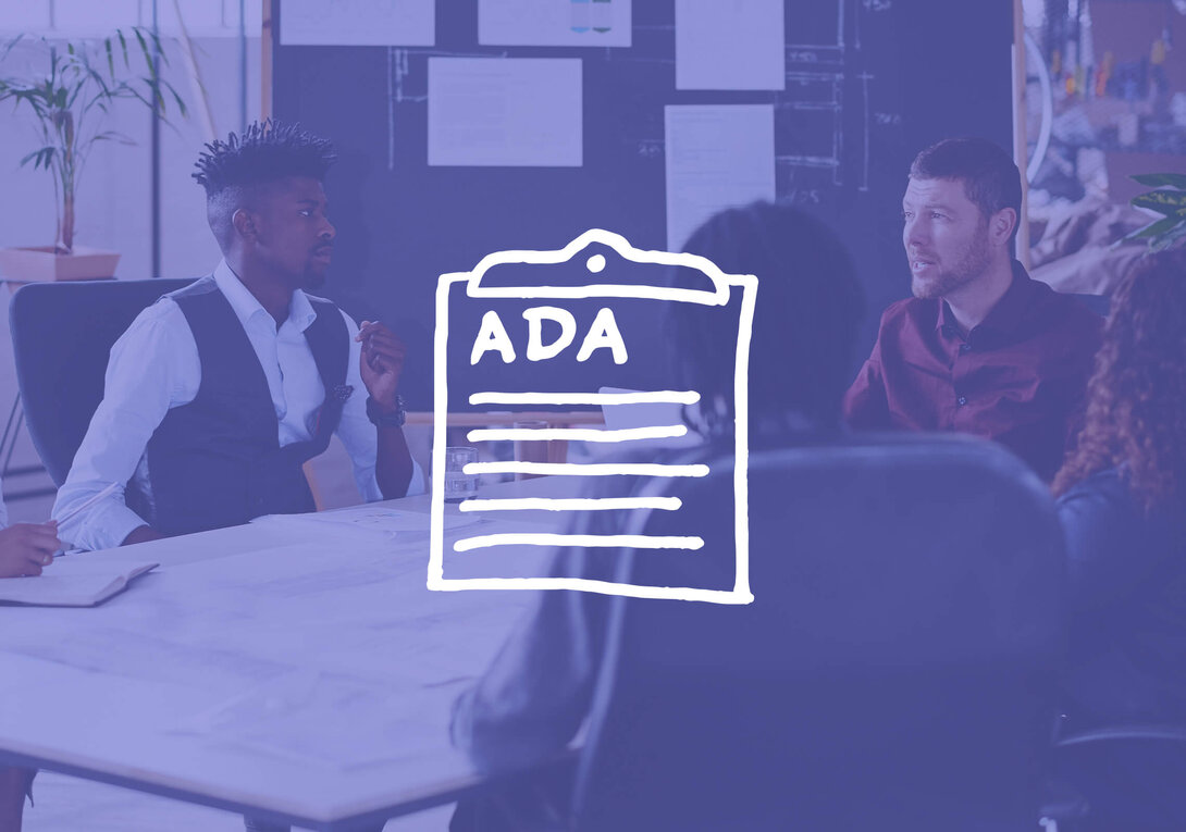 Group in discussion, "ADA" clipboard icon overlay.
