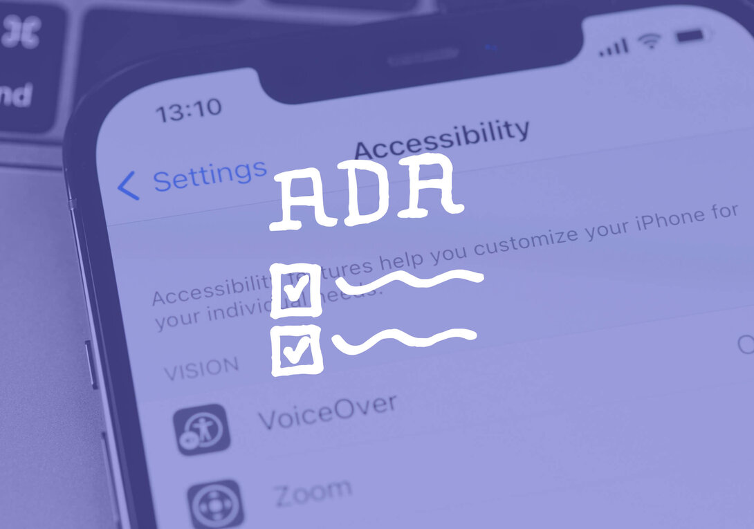 Smartphone screen showing accessibility settings, with ADA text overlay.