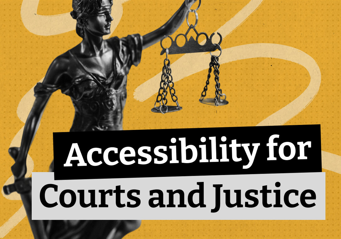 Blog thumbnail with the text "Accessibility for Courts and Justice" overlaid on a black-and-white photo of a Lady Justice statue holding balance scales, set against a yellow dotted background.
