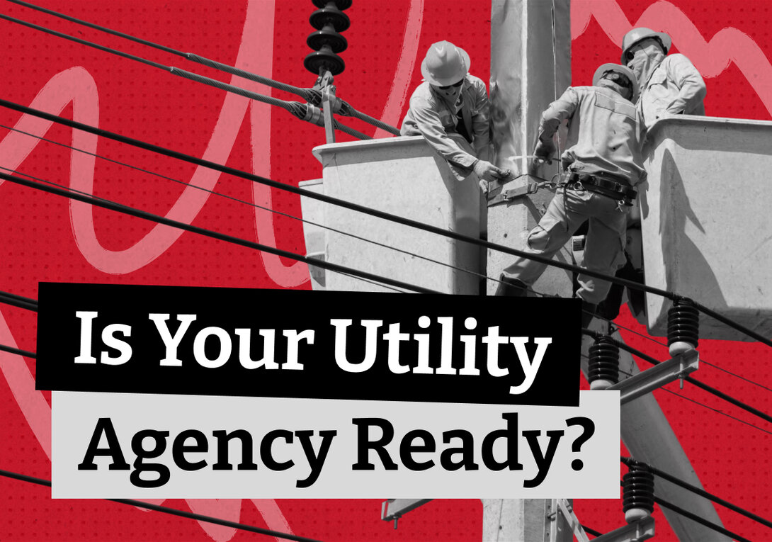 Blog thumbnail with the text "Is Your Utility Agency Ready?" overlaid on a black-and-white photo of utility workers repairing power lines from a bucket truck, set against a red dotted background.