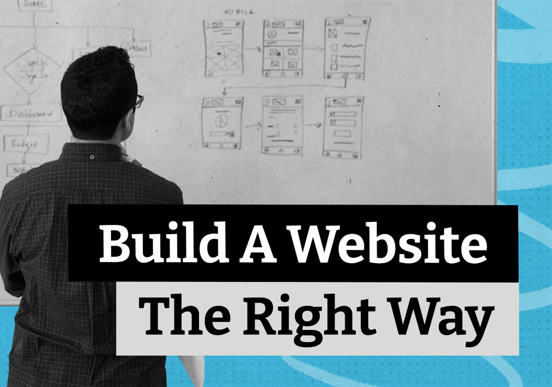 Blog thumbnail with the text "Build A Website The Right Way" overlaid on a black-and-white photo of a person reviewing hand-drawn website wireframes on a whiteboard, set against a teal dotted background.