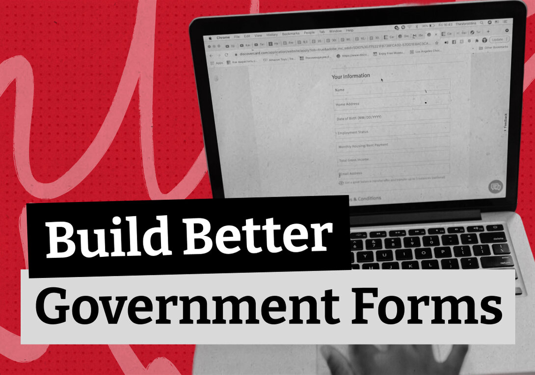 Blog thumbnail with the text "Build Better Government Forms" overlaid on a black-and-white photo of a laptop displaying an online form, set against a red dotted background.