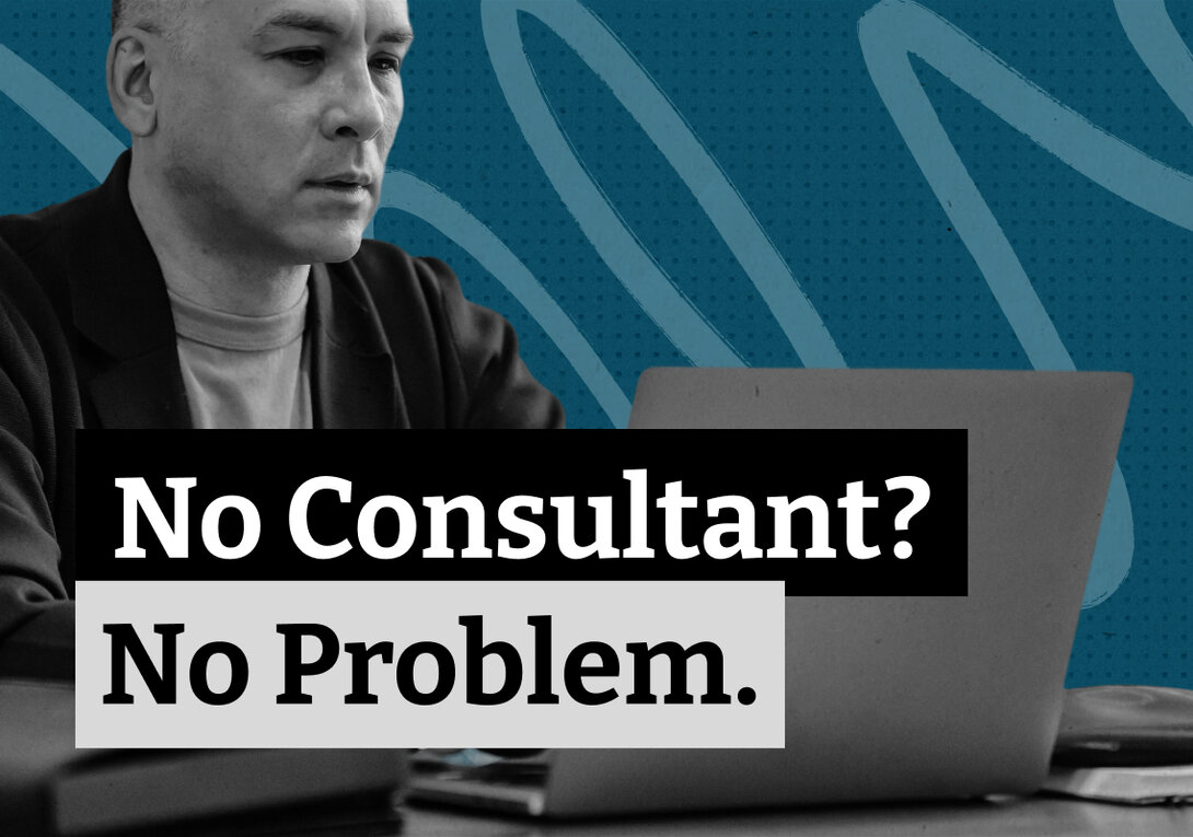 Blog thumbnail with the text "No Consultant? No Problem." overlaid on a black-and-white photo of a person focused on a laptop screen, set against a teal dotted background.