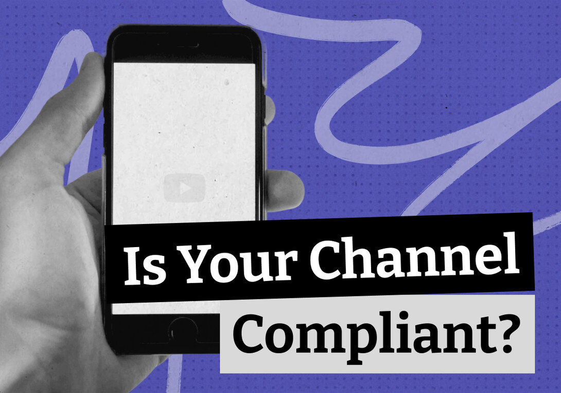Blog thumbnail with the text "Is Your Channel Compliant?" overlaid on a black-and-white photo of a hand holding a smartphone displaying the YouTube logo, set against a purple dotted background.
