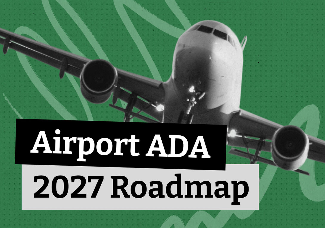 Blog thumbnail with the text "Airport ADA 2027 Roadmap" overlaid on a black-and-white photo of a commercial airplane viewed from below in flight, set against a green dotted background.