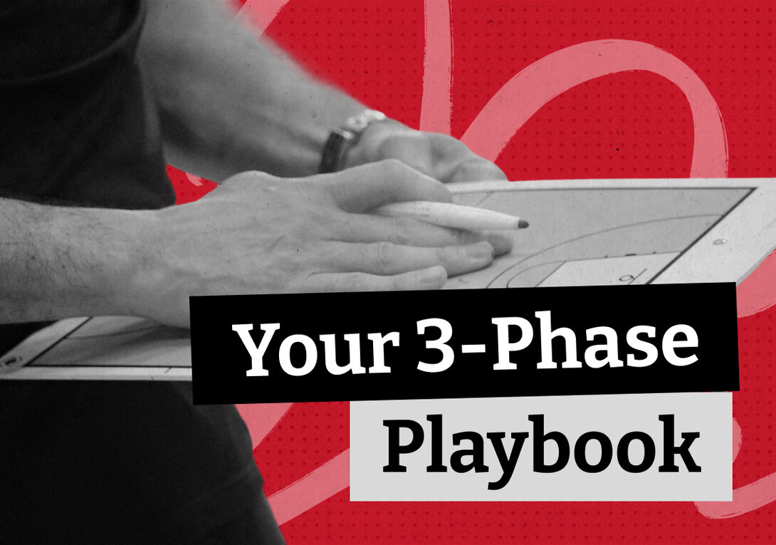 Blog thumbnail with the text "Your 3-Phase Playbook" overlaid on a black-and-white photo of hands reviewing a document on a clipboard, set against a red dotted background.