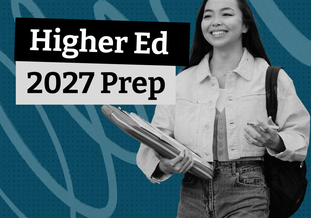 Blog thumbnail with the text "Higher Ed 2027 Prep" overlaid on a black-and-white photo of a smiling college student carrying a laptop and backpack, set against a teal dotted background.