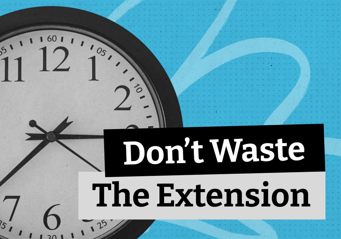 Blog thumbnail with the text "Don't Waste The Extension" overlaid on a black-and-white photo of a wall clock, set against a light blue dotted background.