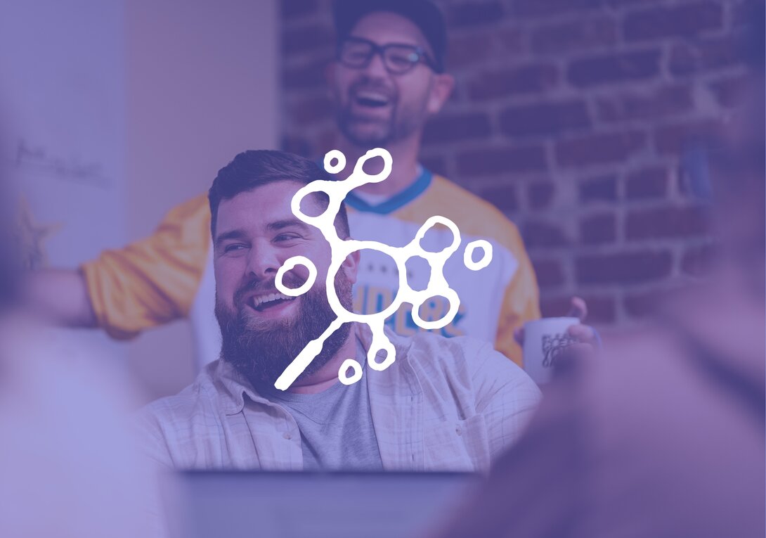 Group of people laughing, with a logo overlay.