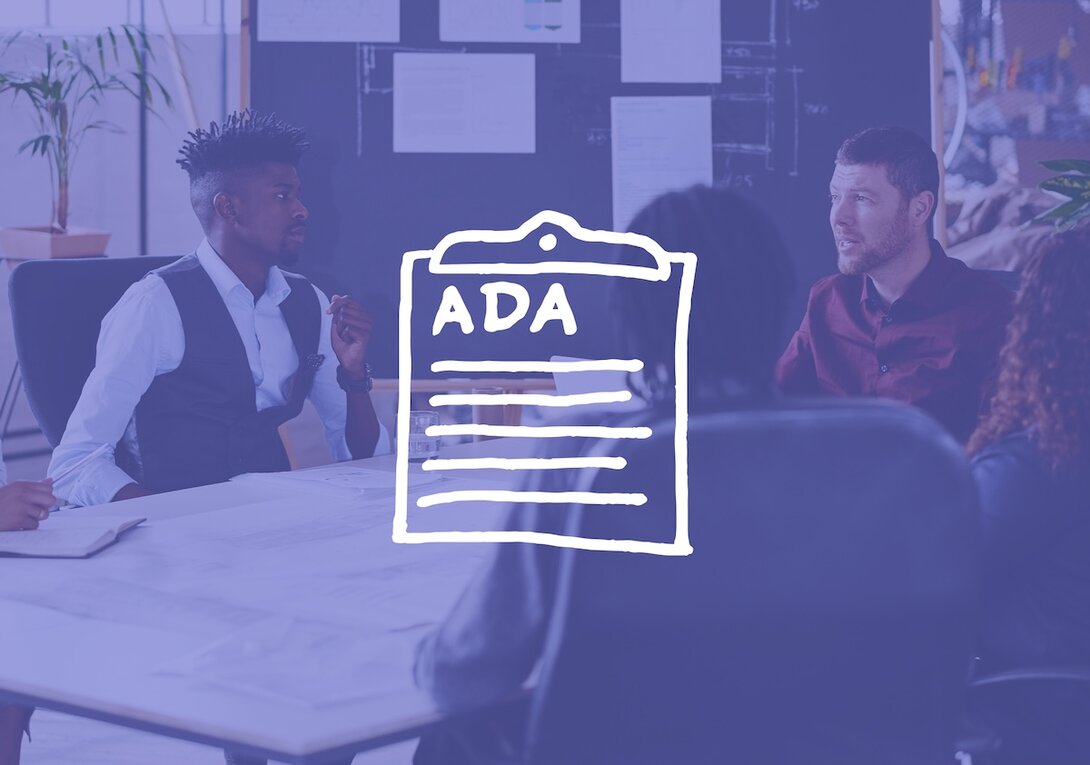 Group of people discussing around a table, overlay of ADA document icon.