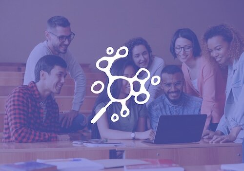 Group of people smiling, gathered around a laptop, overlayed with a digital network graphic.