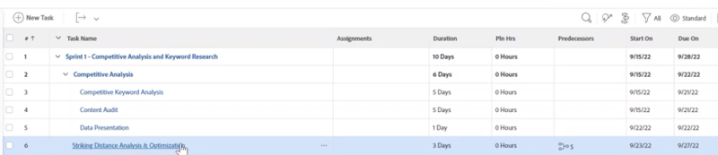 Project management task list detailing assignments and due dates.