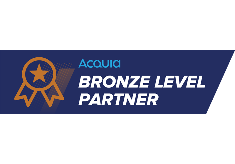 Acquia Bronze Level Partner badge with ribbon icon on a blue background.