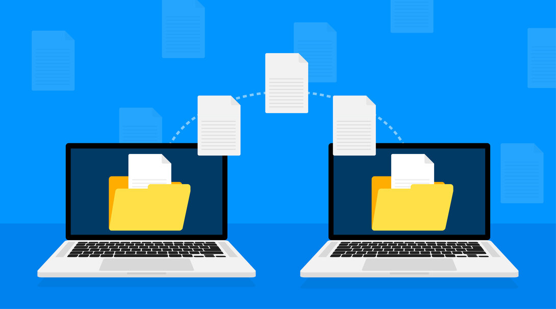 Illustration of file transfer between two laptops with blue background.