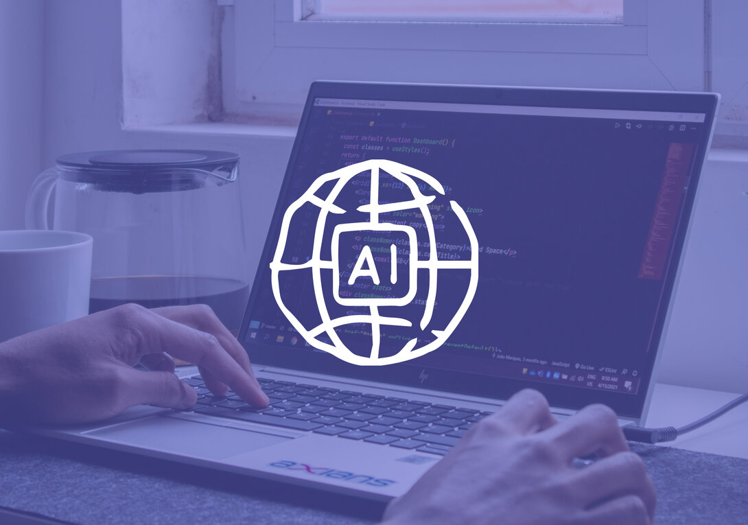 Person coding on a laptop with AI overlay icon displayed.