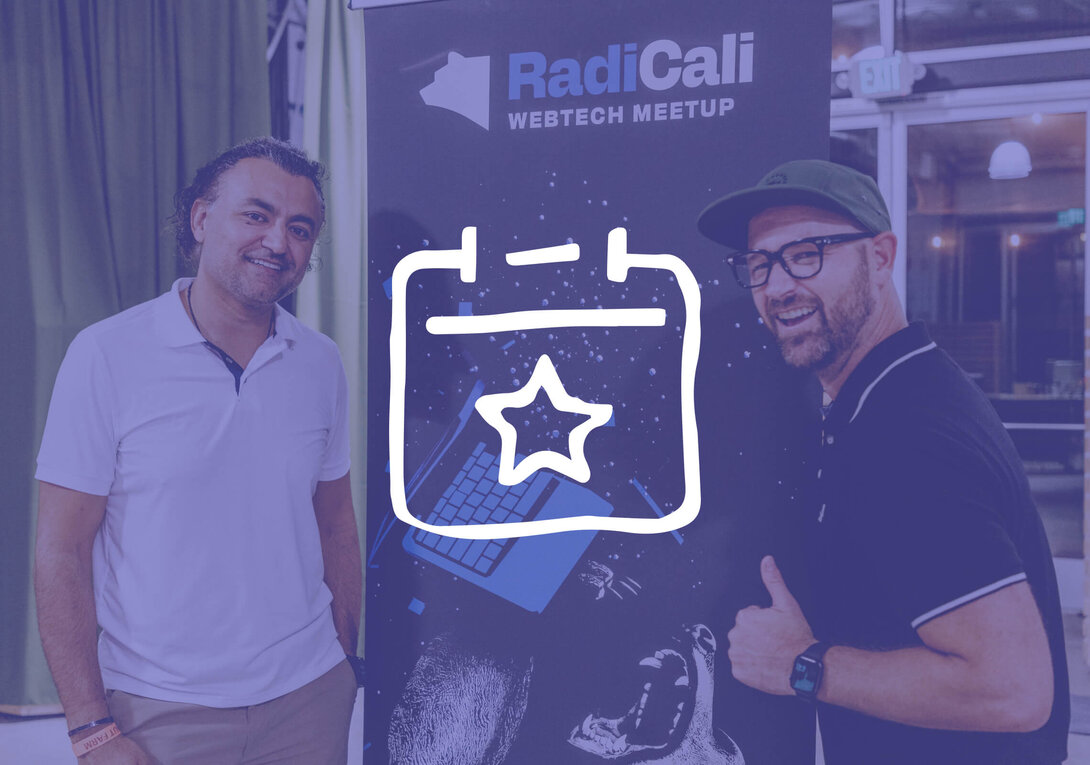 Two men at RadiCali web tech meetup with a banner and calendar icon.