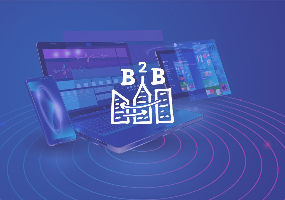 Digital B2B concept with laptop, tablet, and smartphone on a blue tech background.