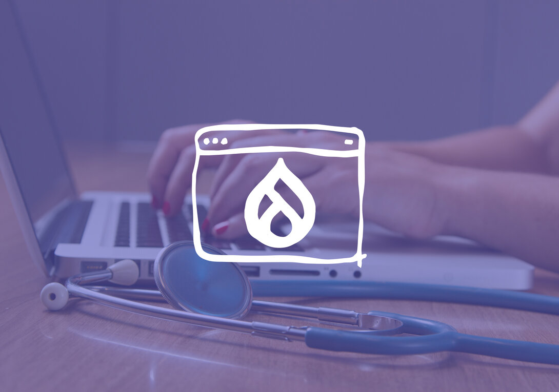 Hands typing on laptop with stethoscope, web page icon overlay.