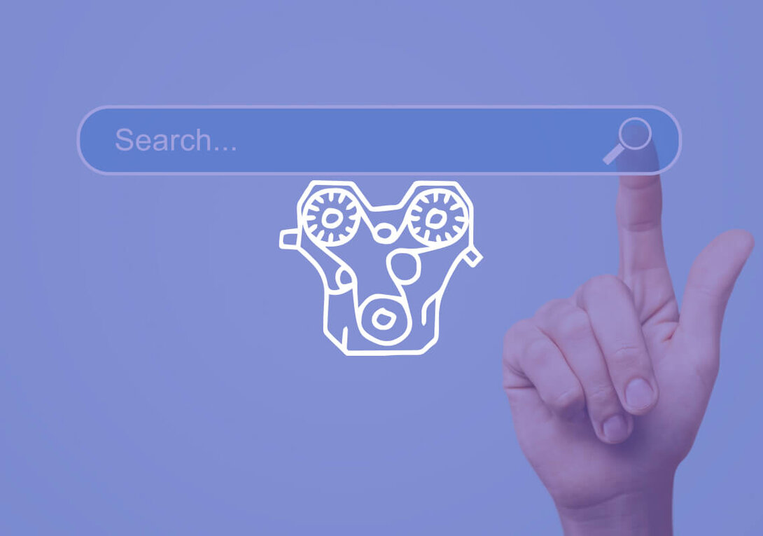 Finger touching digital search bar on light blue background.