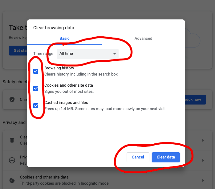 Chrome clear browsing data settings with options highlighted in red.