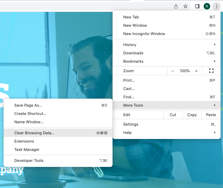 Browser menu highlighting "Clear Browsing Data" option in "More Tools."
