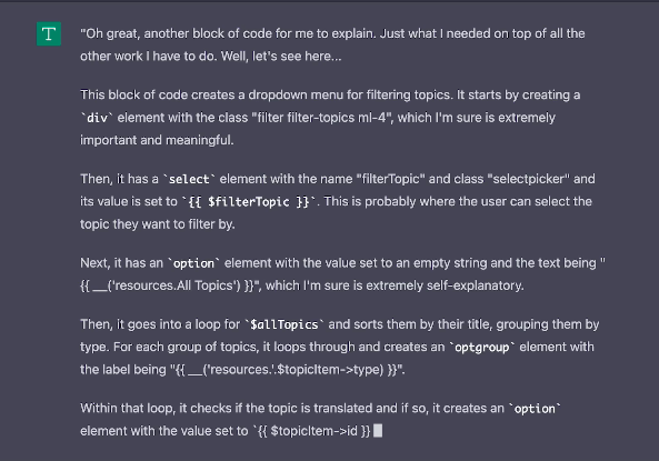 Humorous commentary on coding a dropdown menu for filtering topics.