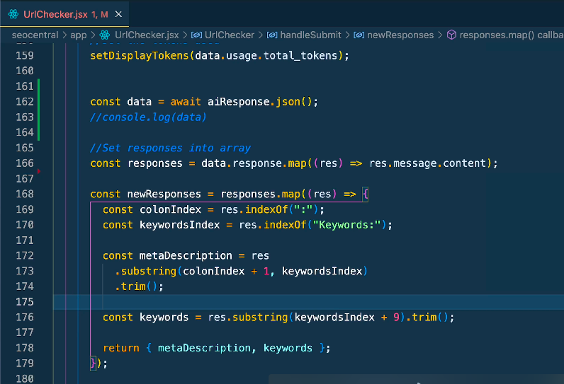 JavaScript code snippet for parsing JSON response data and extracting keywords.