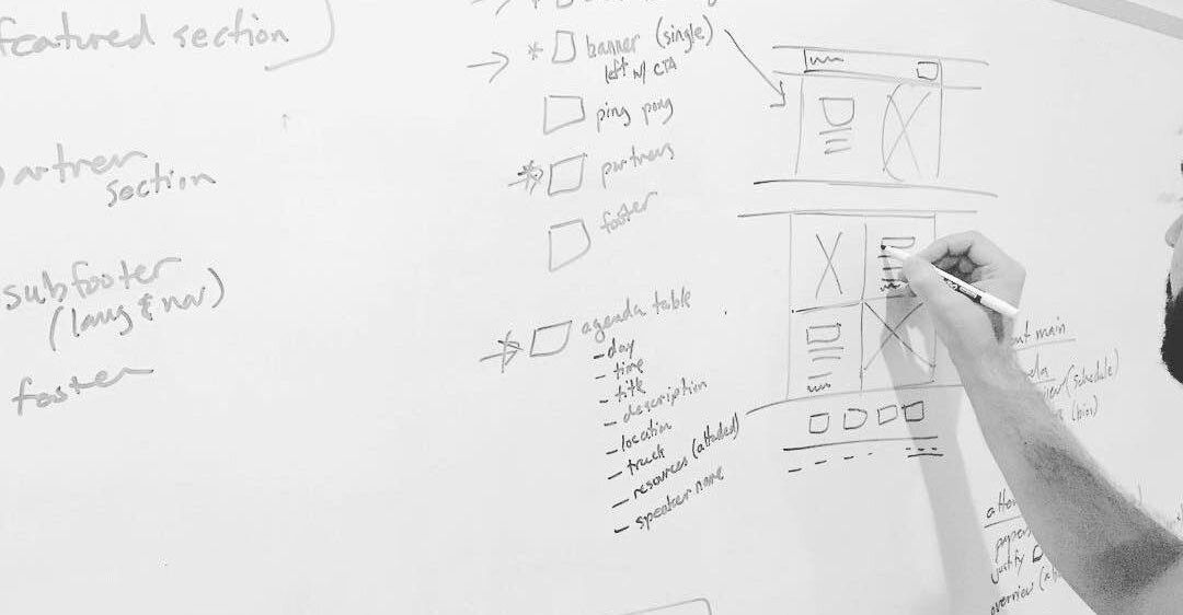 Person sketching website layout on whiteboard with notes and diagrams.