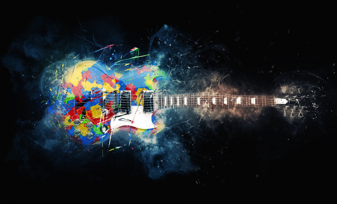 Vibrant electric guitar merging colors, energy, and motion on a dark background.