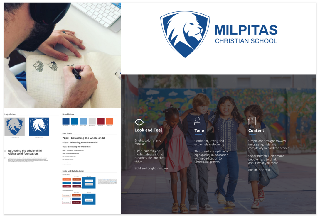 Milpitas Christian School branding with logo, design concepts, and children playing.
